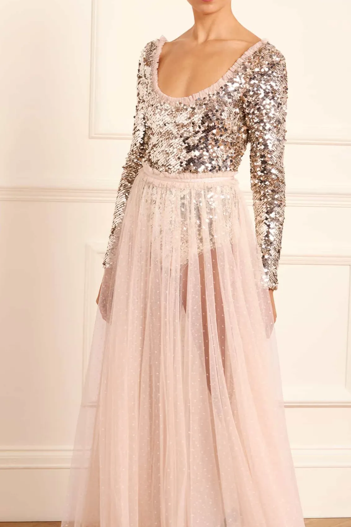 Embellished Dresses | Responsibly Sourced^Needle & Thread Ballet Sequin Bodysuit Ankle Gown Beige