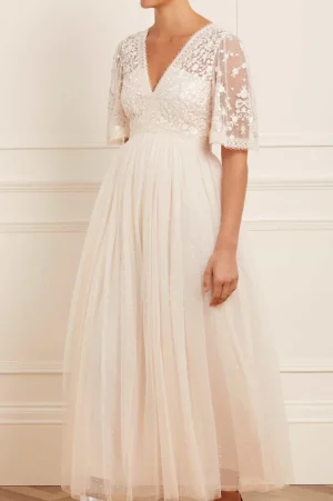 Bridal | Responsibly Sourced^Needle & Thread Celestia Ribbon Bodice Ankle Gown Champagne