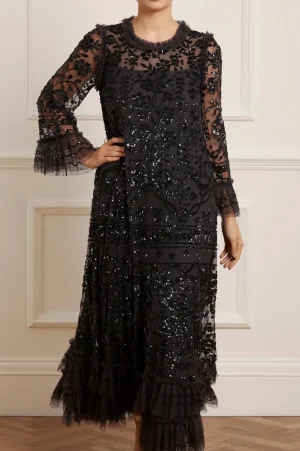 Evening Dresses | Responsibly Sourced^Needle & Thread Celia Long Sleeve Ankle Gown Black