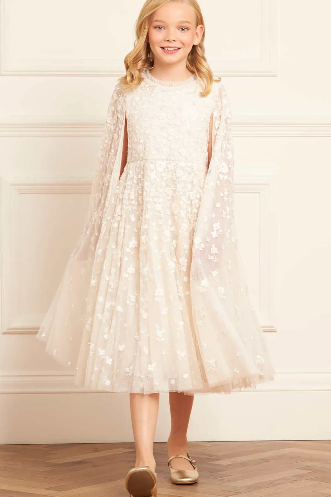 Mummy & Me | Flower Girl^Needle & Thread Dahlia Ditsy Cape Kids Dress Champagne