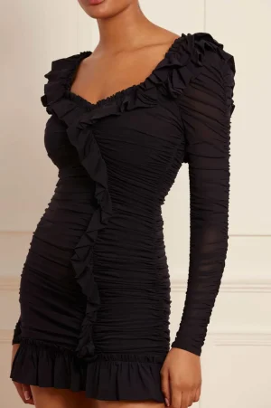 Mini Dresses^Needle & Thread Ebony Rouched Long Sleeve Micro Mini Dress Black