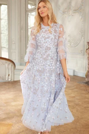 Evening Dresses | Embroidered Dresses^Needle & Thread Everett Bloom Round Neck Ankle Gown Blue