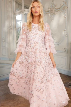 Evening Dresses | Responsibly Sourced^Needle & Thread Everett Bloom Round Neck Ankle Gown Pink