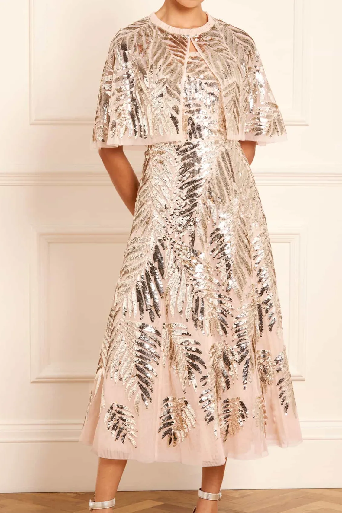 Responsibly Sourced | Capes^Needle & Thread Feather Sequin Short Open Cape Beige