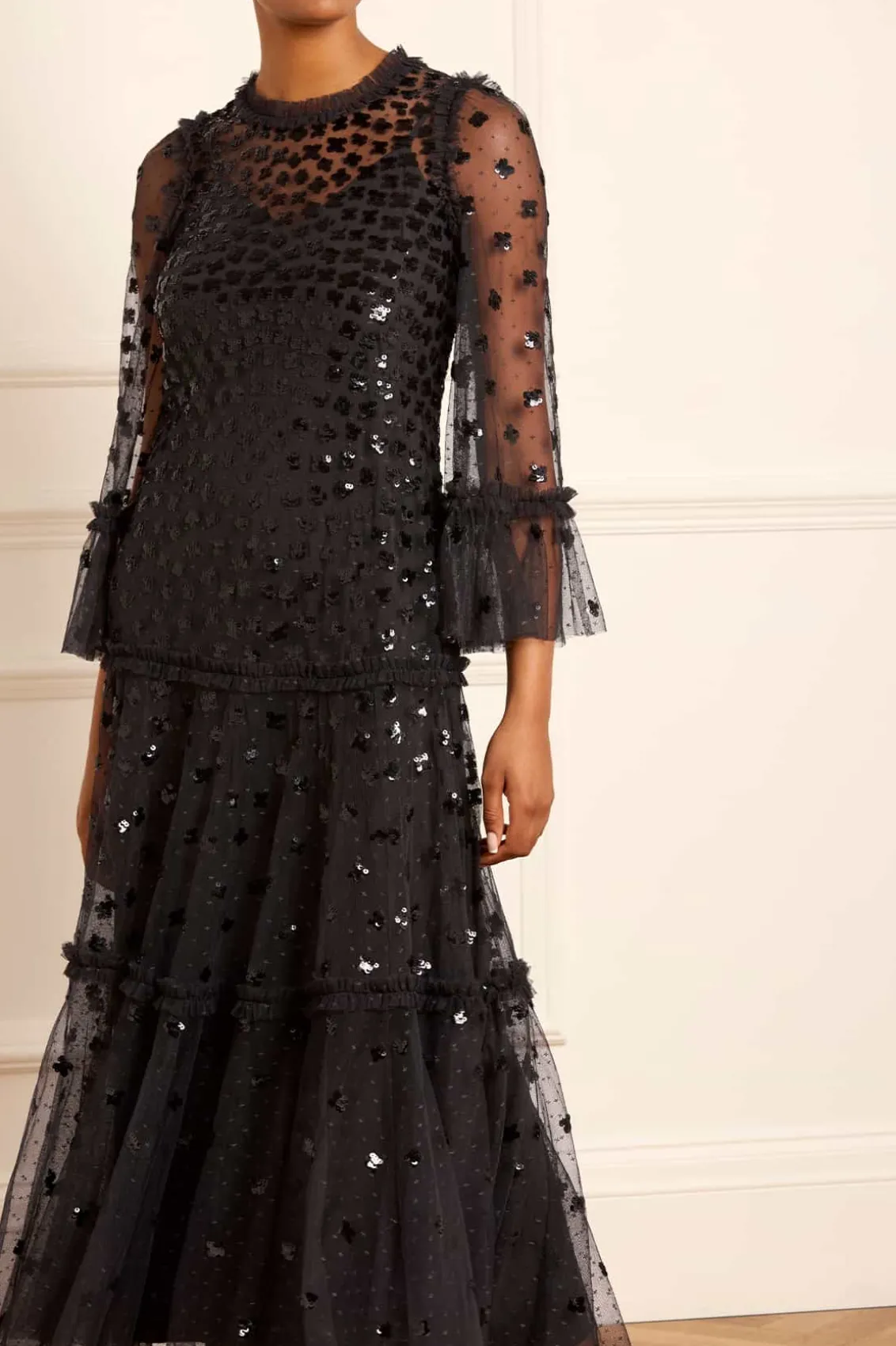Evening Dresses | Embellished Dresses^Needle & Thread Glisten Tiered Ankle Gown Black