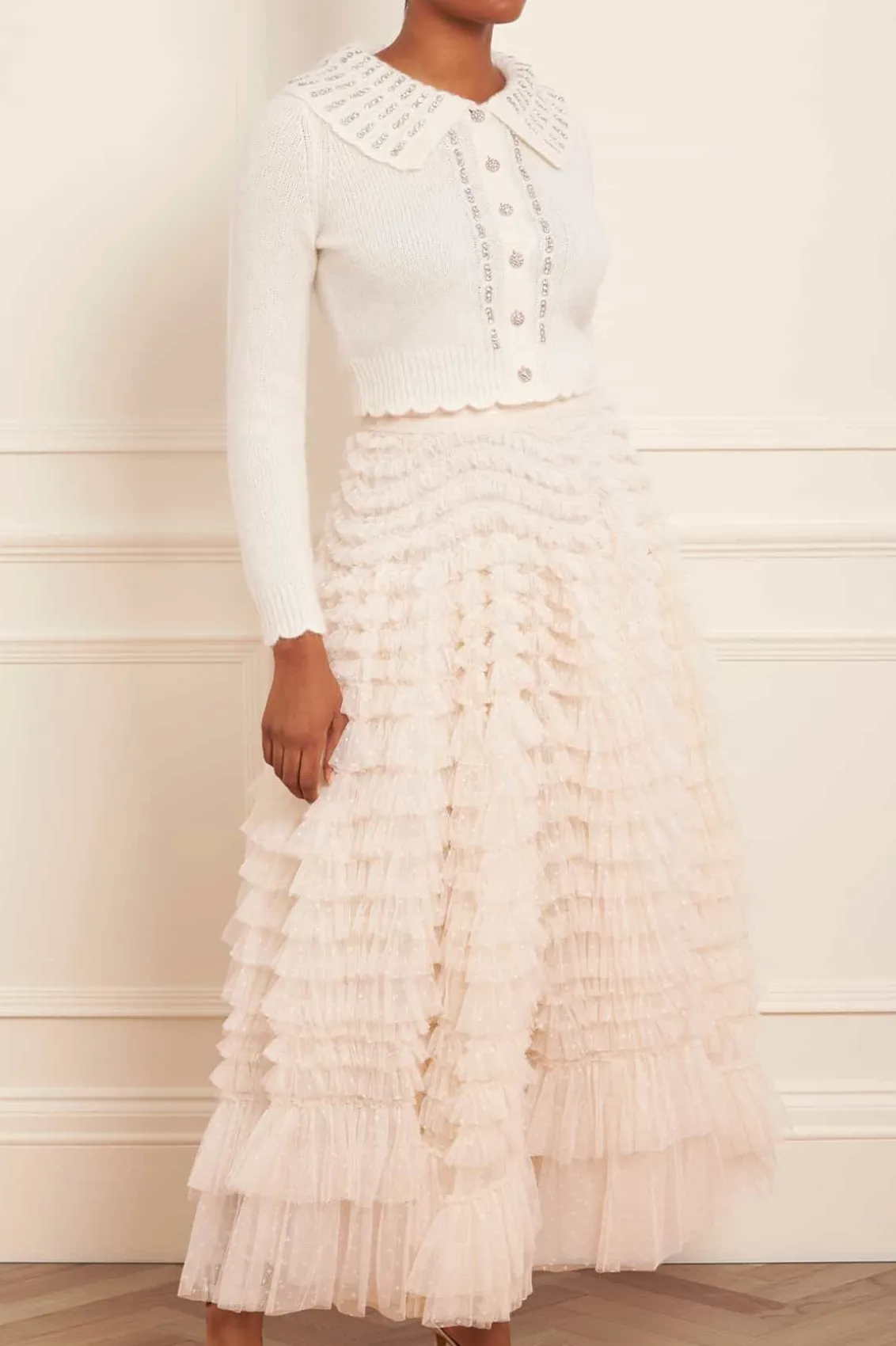 Wedding Wardrobe | Responsibly Sourced^Needle & Thread Hattie Ruffle Ankle Skirt Champagne