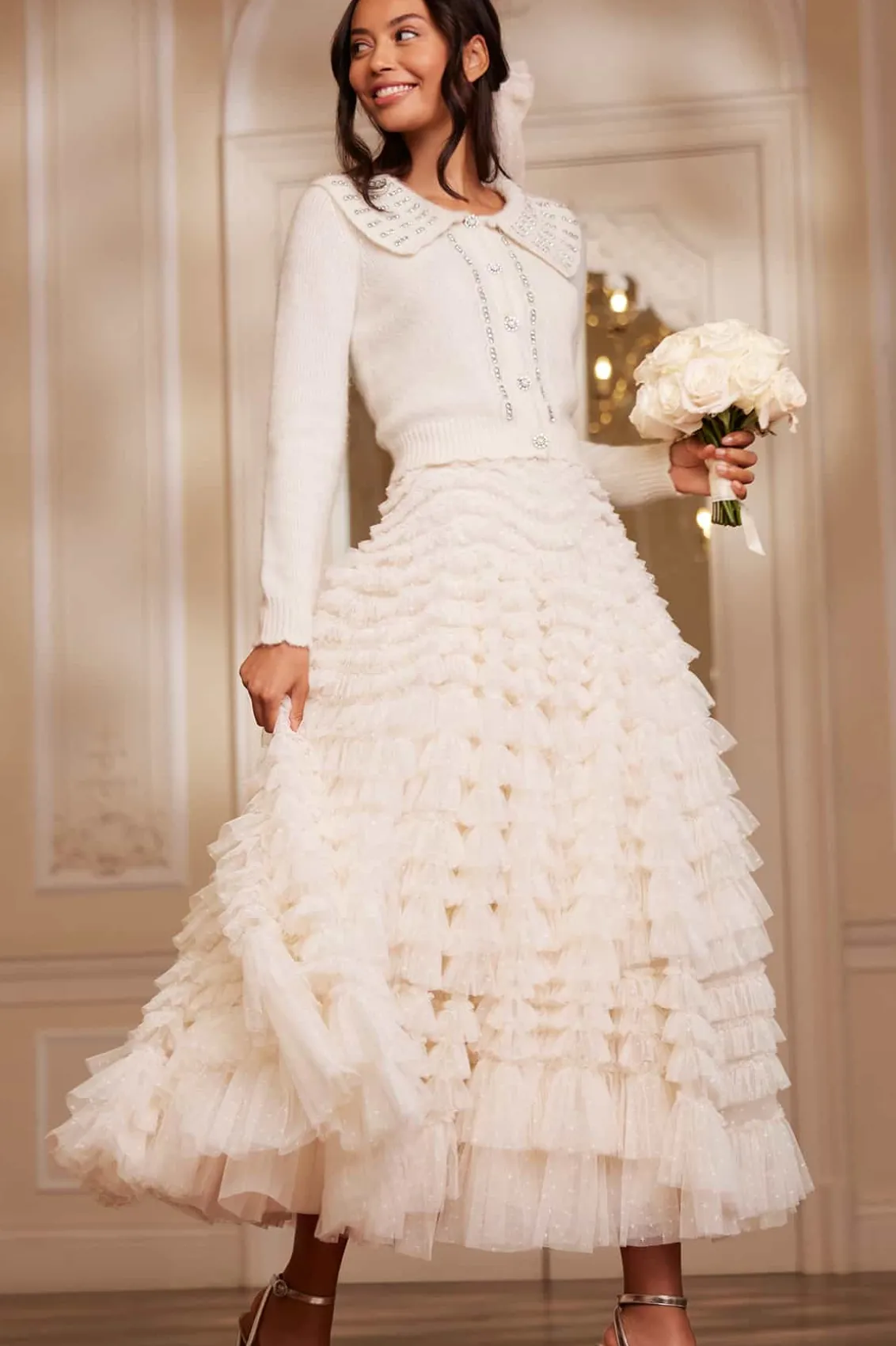 Wedding Wardrobe | Responsibly Sourced^Needle & Thread Hattie Ruffle Ankle Skirt Champagne