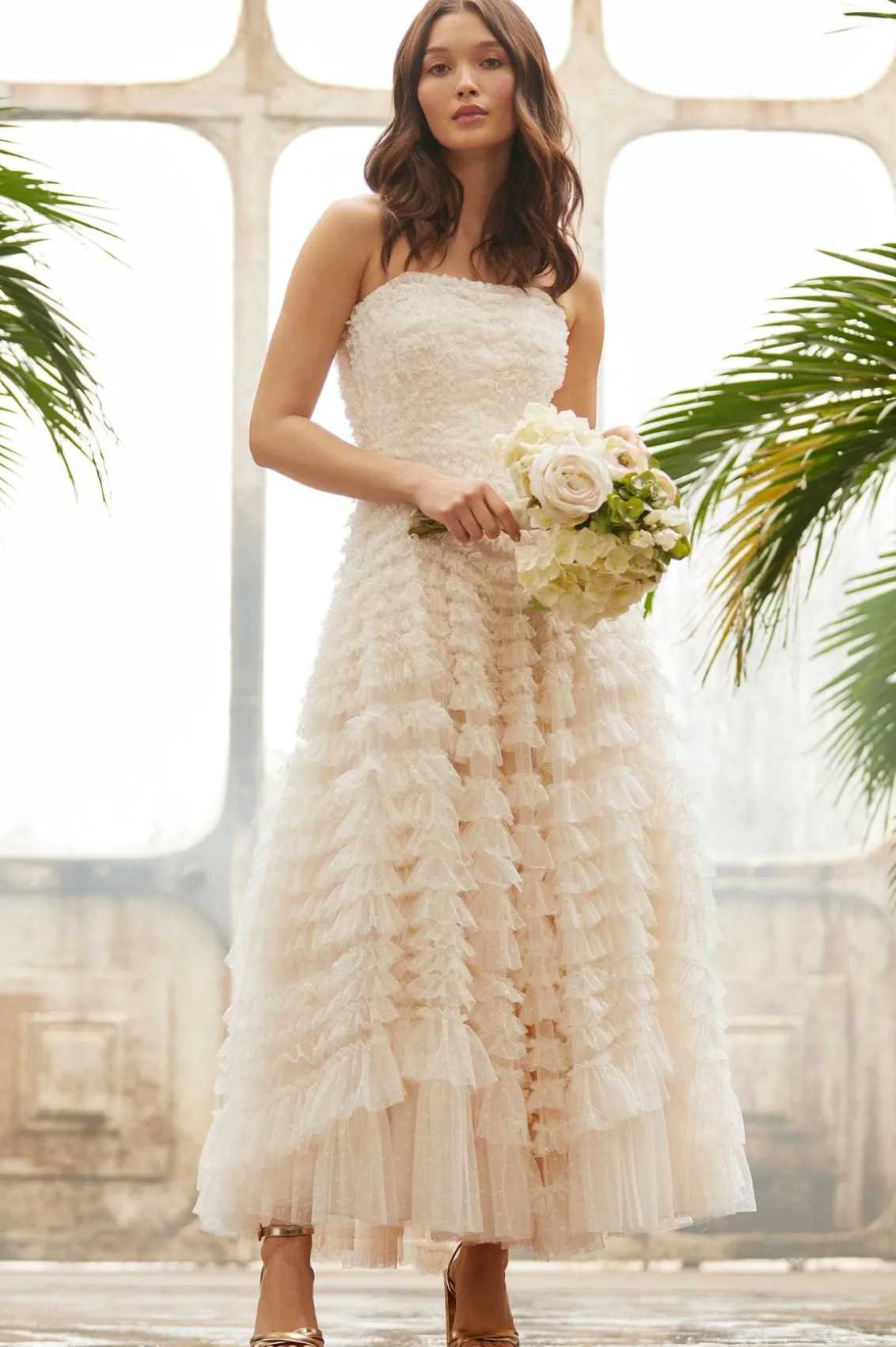 Bridal | Responsibly Sourced^Needle & Thread Hattie Ruffle Strapless Ankle Gown Champagne