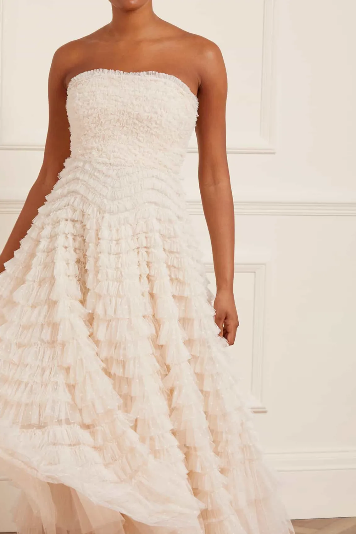 Bridal | Responsibly Sourced^Needle & Thread Hattie Ruffle Strapless Ankle Gown Champagne