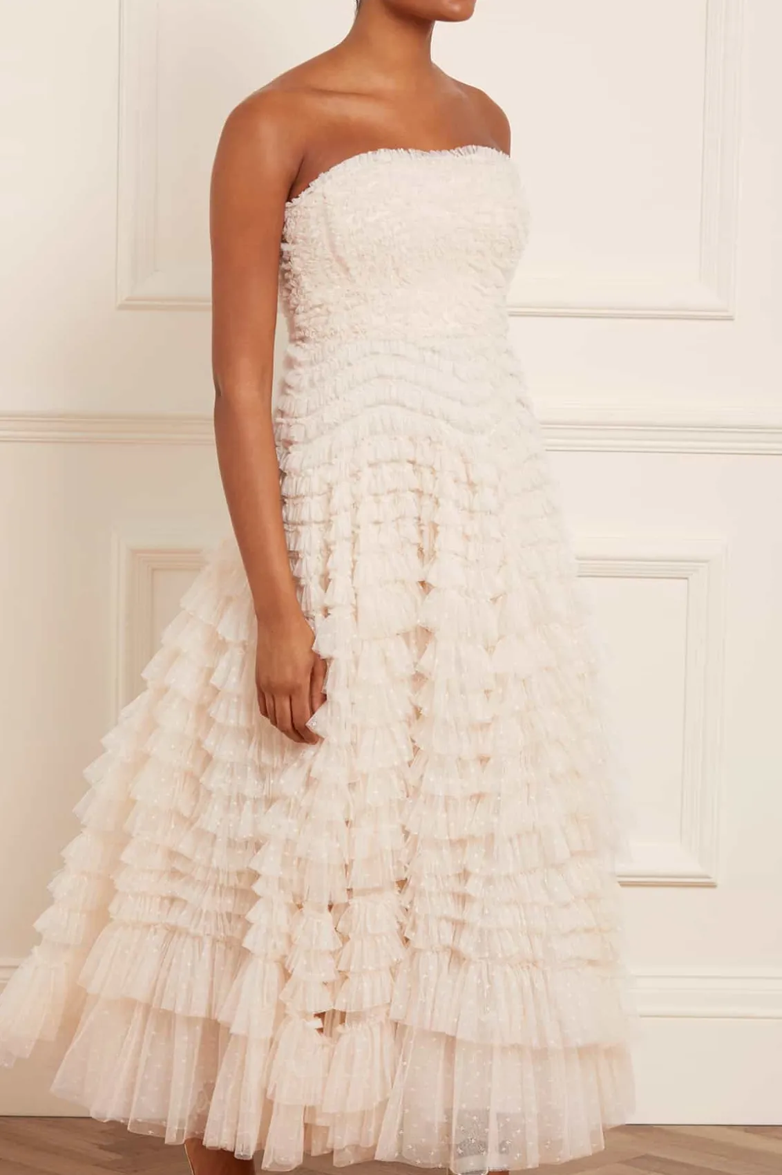 Bridal | Responsibly Sourced^Needle & Thread Hattie Ruffle Strapless Ankle Gown Champagne