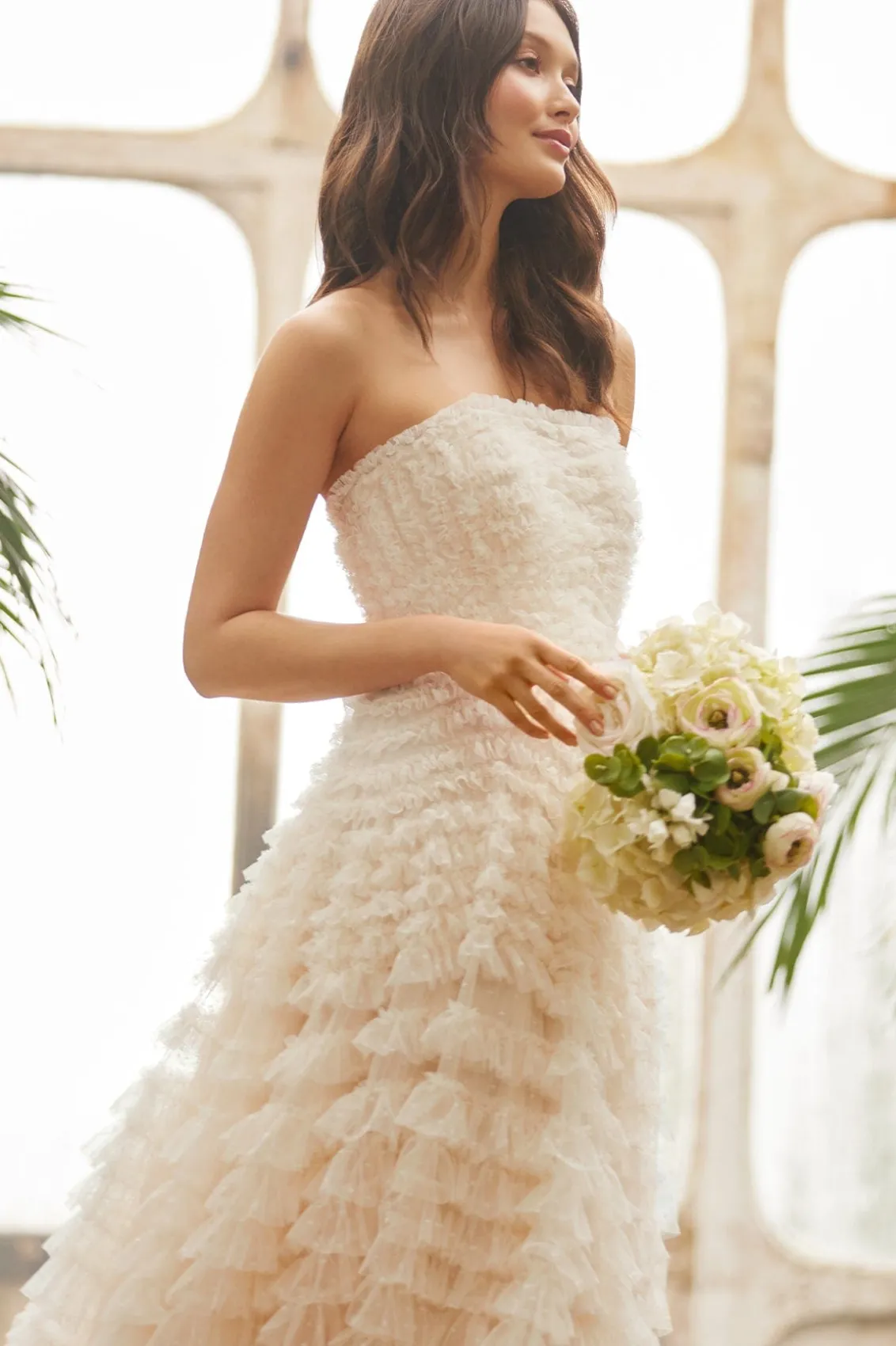 Bridal | Responsibly Sourced^Needle & Thread Hattie Ruffle Strapless Ankle Gown Champagne