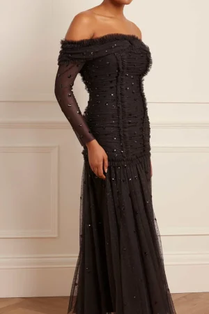 Evening Dresses | Embellished Dresses^Needle & Thread Love Heart Rouched Off-Shoulder Gown Black