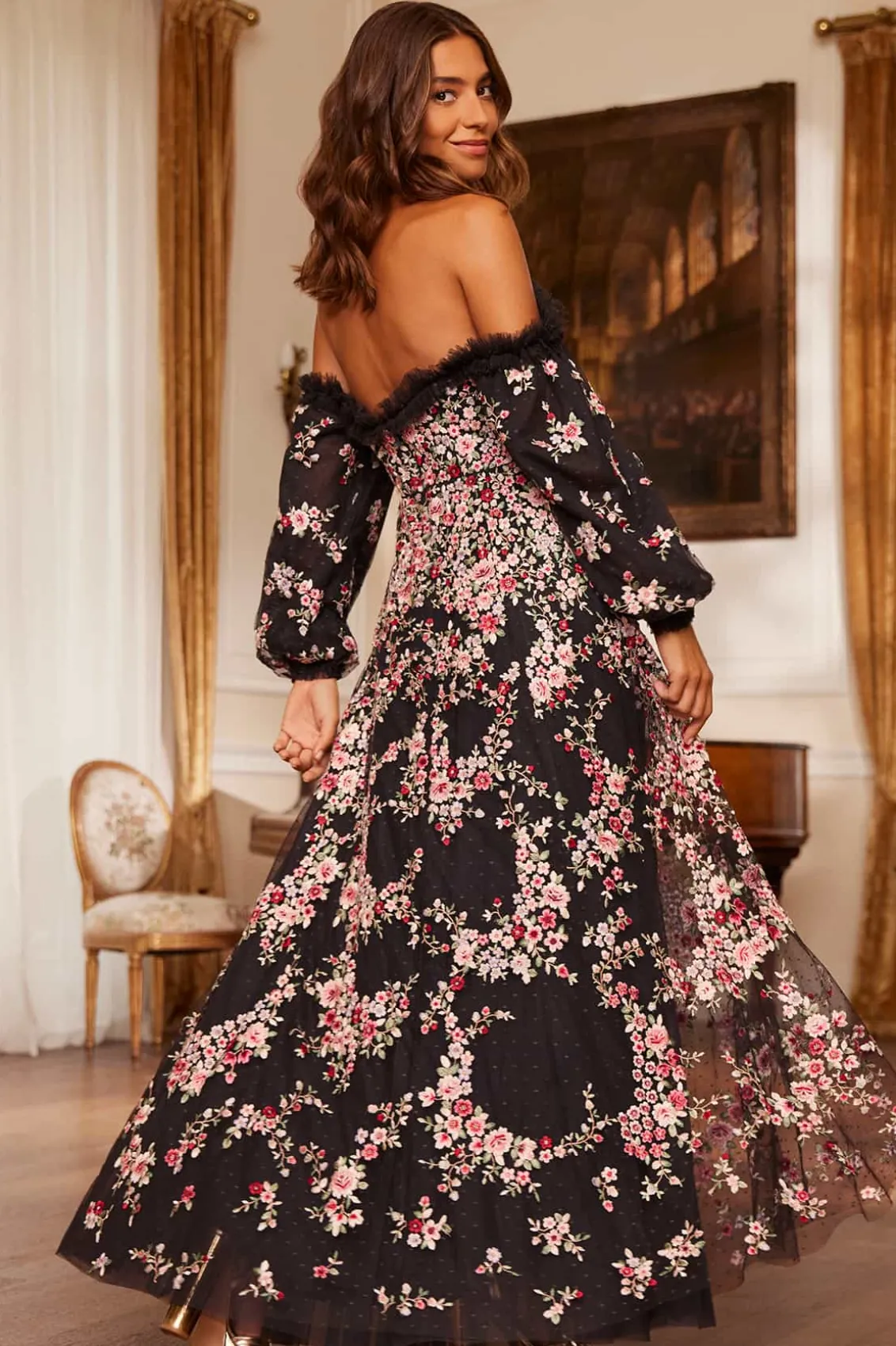 Mummy & Me | Evening Dresses^Needle & Thread Lunaria Wreath Off-Shoulder Long Sleeve Gown Black