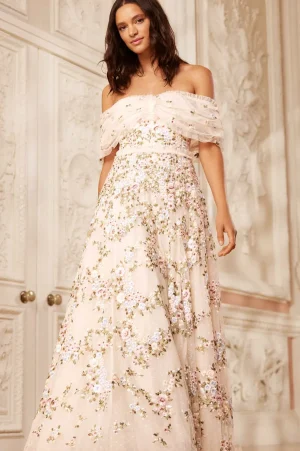 Evening Dresses | Embroidered Dresses^Needle & Thread Lunaria Wreath Off-Shoulder Gown Champagne