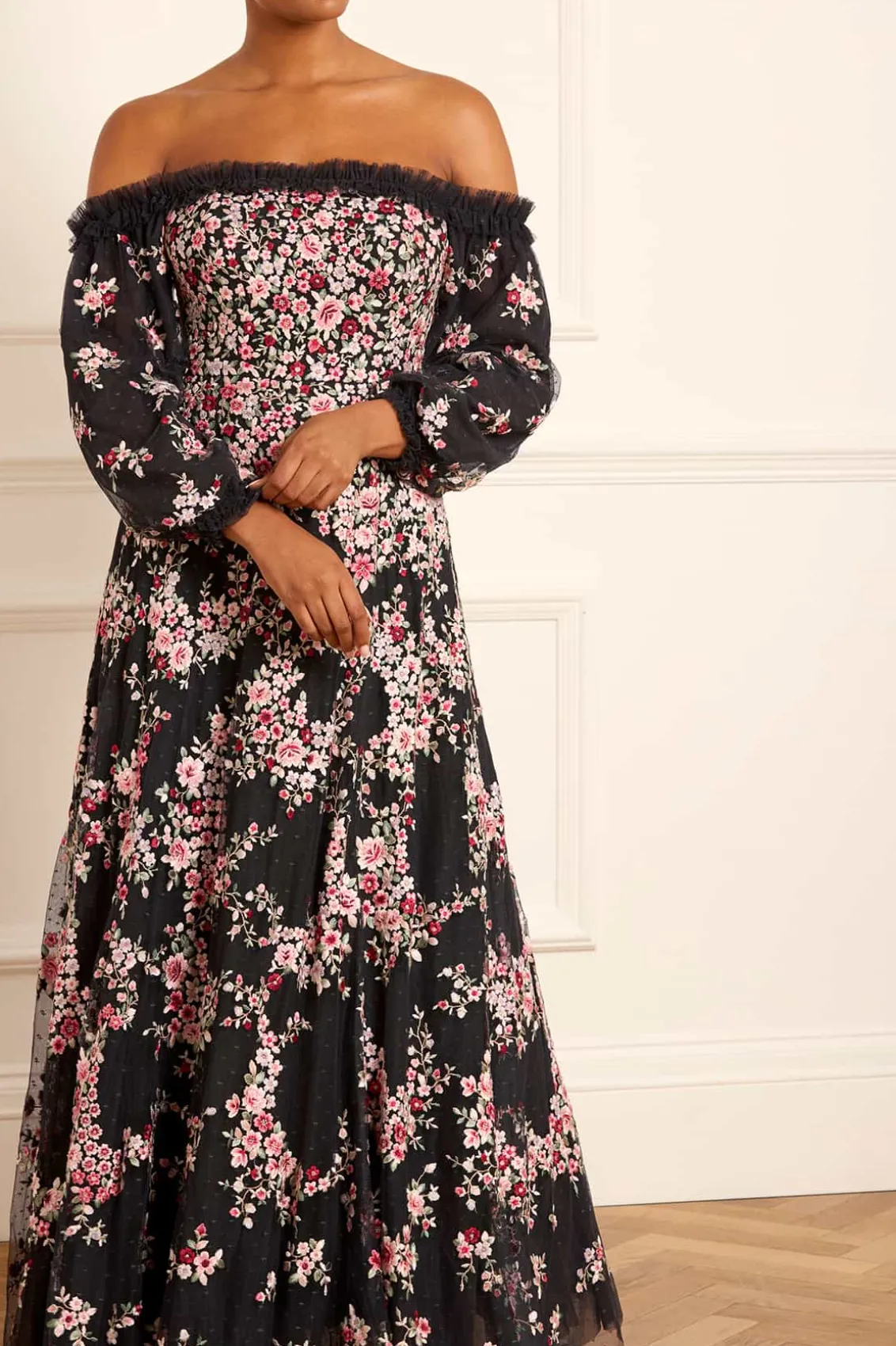 Mummy & Me | Evening Dresses^Needle & Thread Lunaria Wreath Off-Shoulder Long Sleeve Gown Black