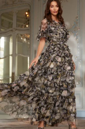 Evening Dresses | Printed Dresses^Needle & Thread Moonlight Petals Round Neck Gown Black
