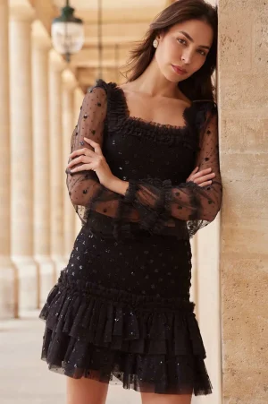 Mini Dresses^Needle & Thread Polka Dot Smocked Long Sleeve Micro Mini Dress Black