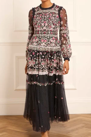 Evening Dresses | Embroidered Dresses^Needle & Thread Ribbon Bouquet Gown Black