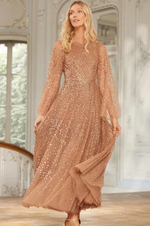 Evening Dresses | Embellished Dresses^Needle & Thread Scatter Dot Round Neck Ankle Gown Brown