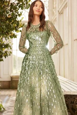 Evening Dresses | Embellished Dresses^Needle & Thread Sequin Dash Long Sleeve Ankle Gown Green