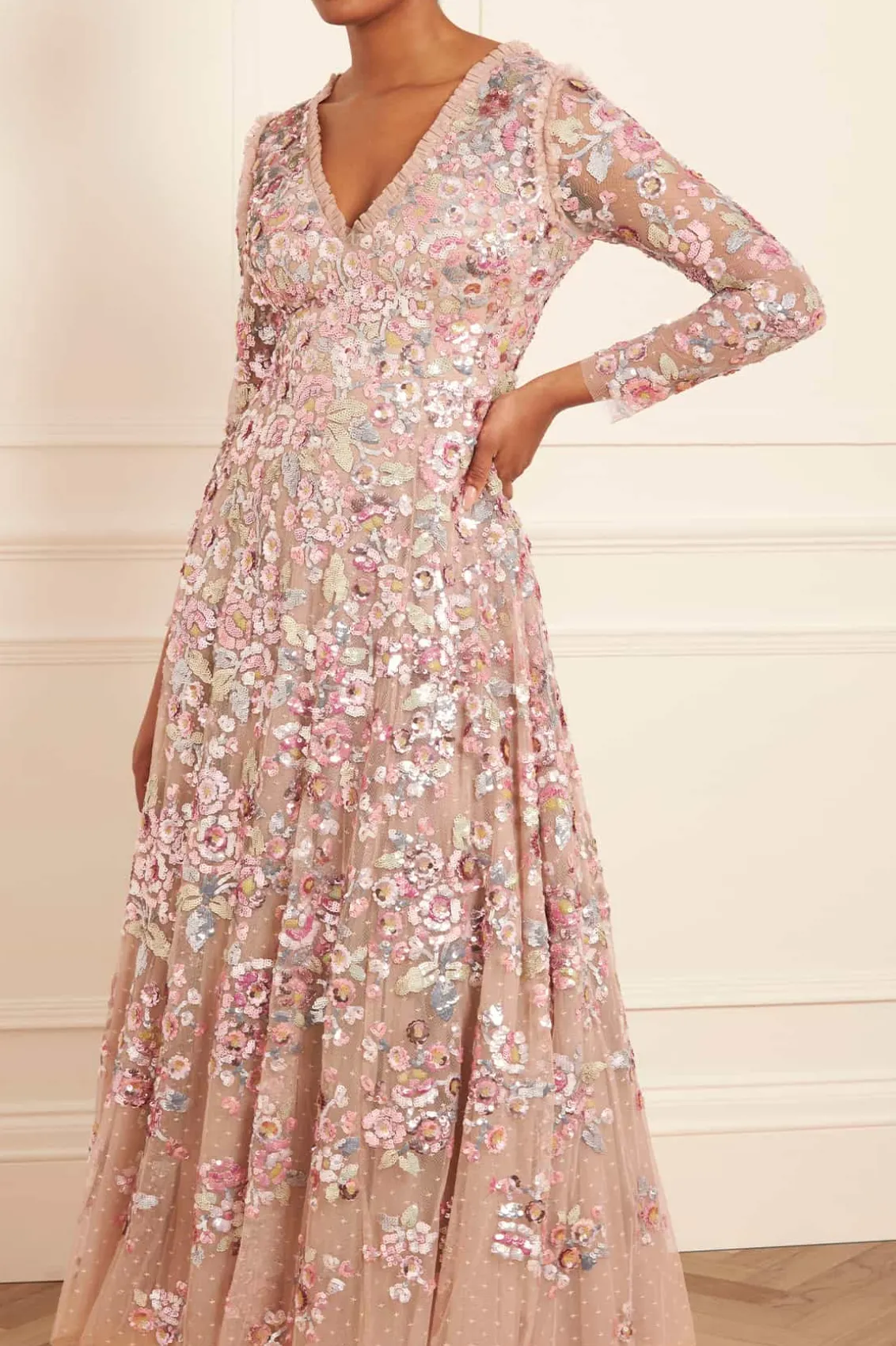 Evening Dresses | Embellished Dresses^Needle & Thread Sequin Paradise Long Sleeve Gown Beige