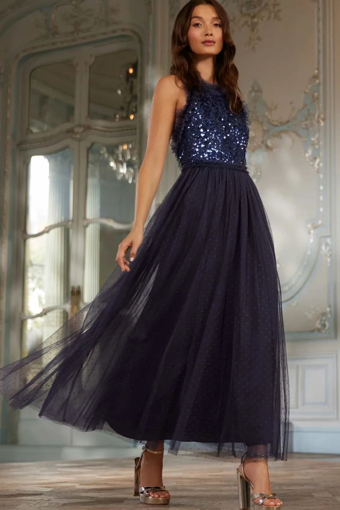 Evening Dresses | Embellished Dresses^Needle & Thread Sequin Wreath Bodice Halter Neck Ankle Gown Blue
