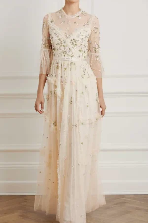Bridal | Evening Dresses^Needle & Thread Shimmer Ditsy Long Sleeve Gown Champagne