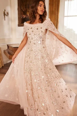 Evening Dresses | Embellished Dresses^Needle & Thread Shooting Stars Cape Ankle Gown Beige