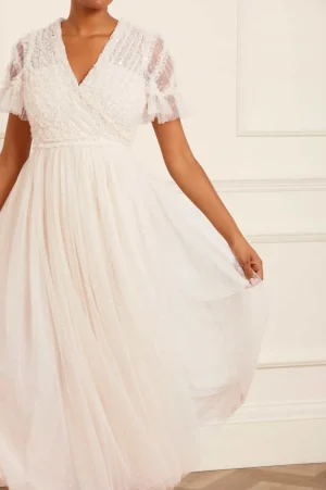 Bridesmaid | Bridal^Needle & Thread Spiral Sequin Bodice V-Neck Ankle Gown Champagne